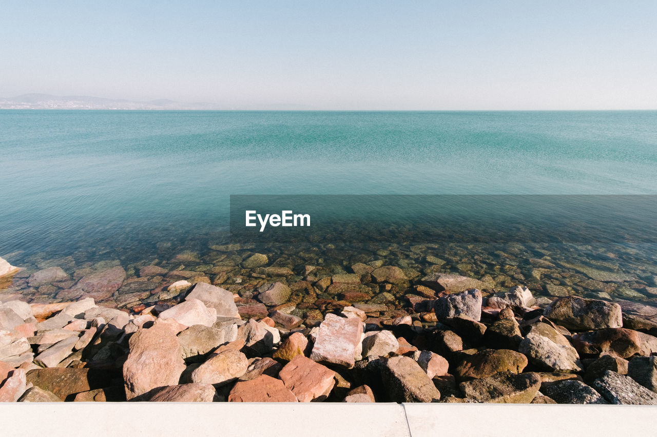 Aerial view of sea against clear sky