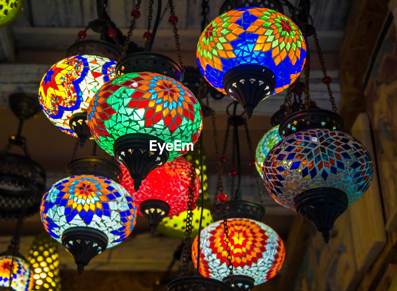 Multicolored traditional handmade turkish lamps on the market. turkish grand bazaar in istanbul.