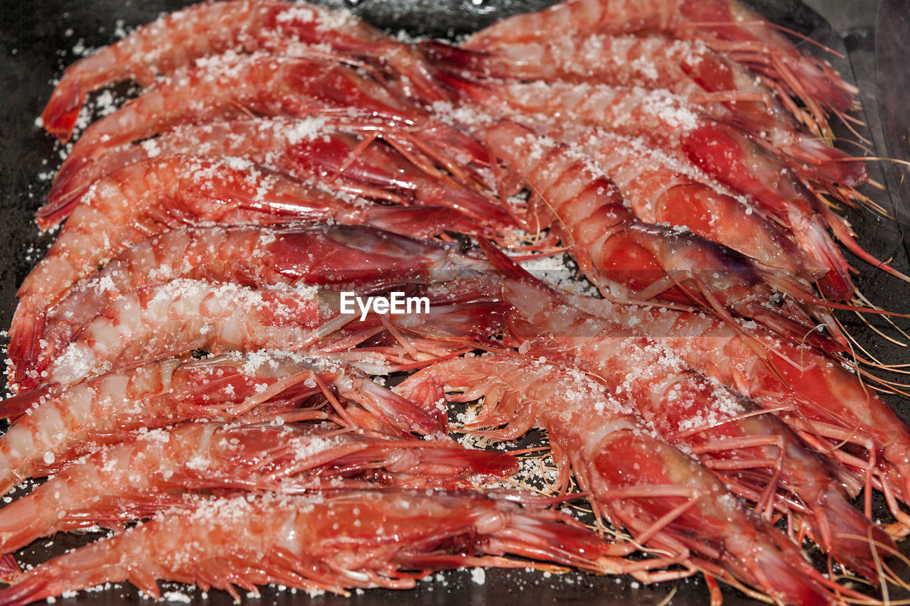 High angle view of fresh shrimps on table