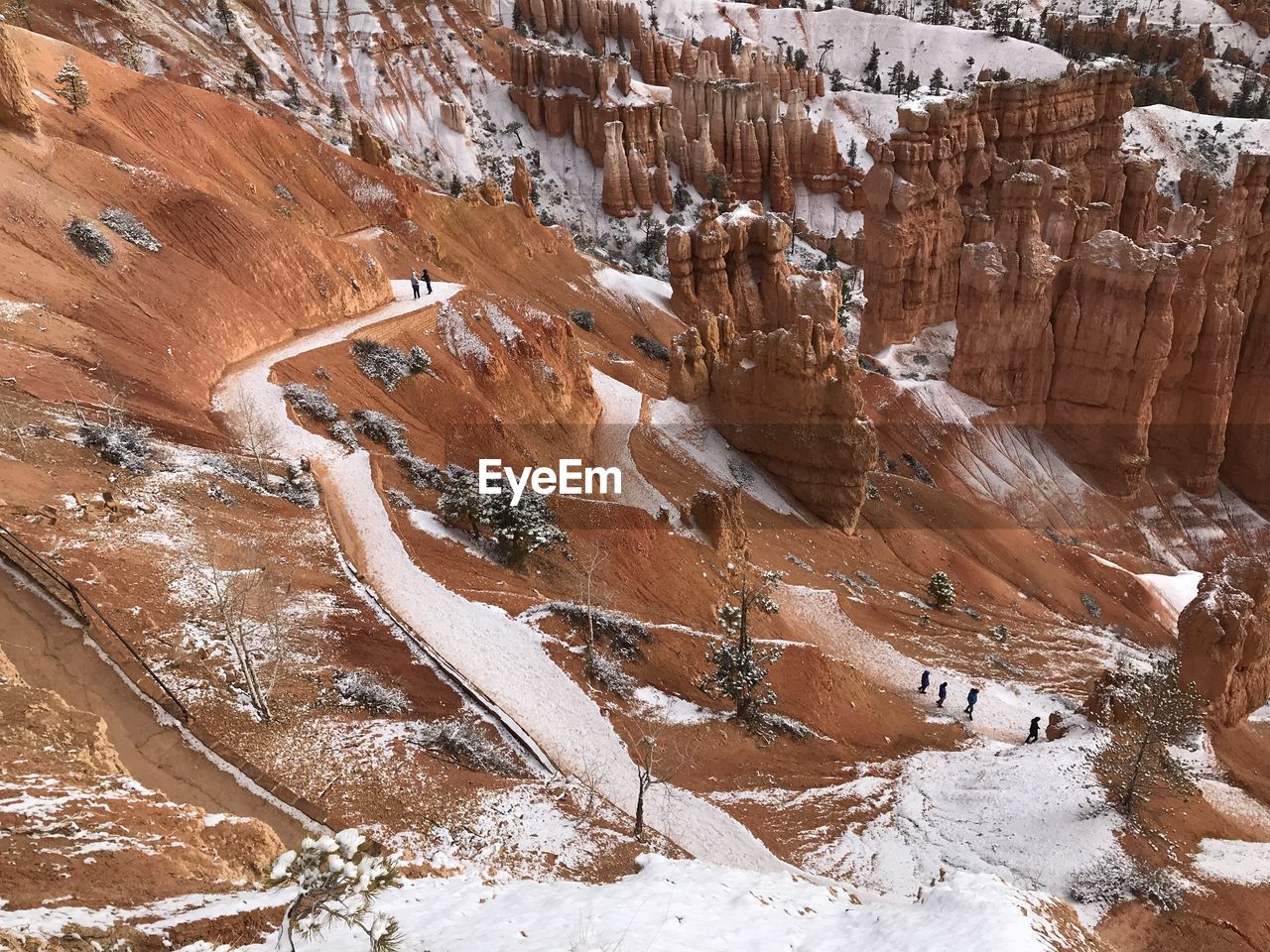 High angle view of rock formations in winter