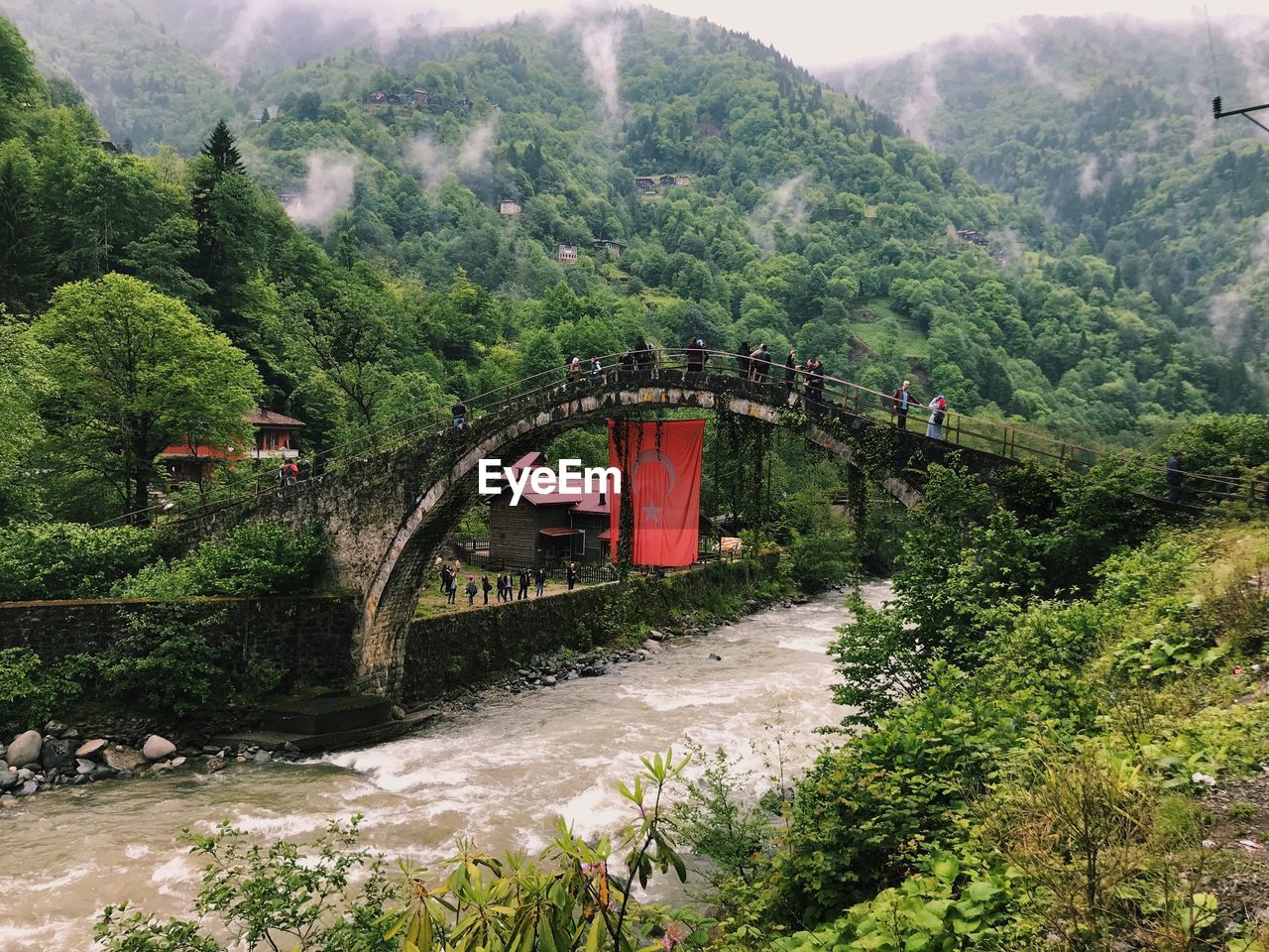 Arch bridge against trees on mountain