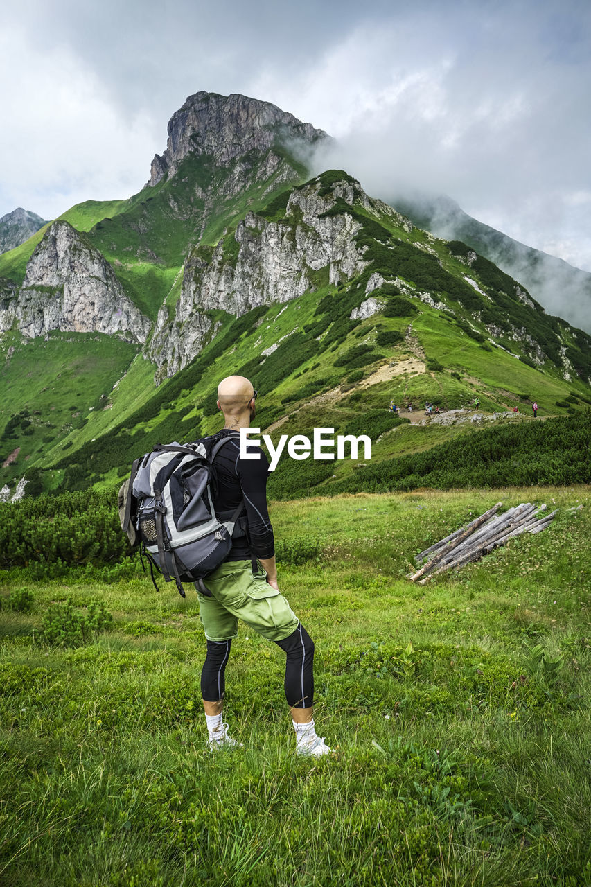 Rear view of man standing on grass against mountains and sky