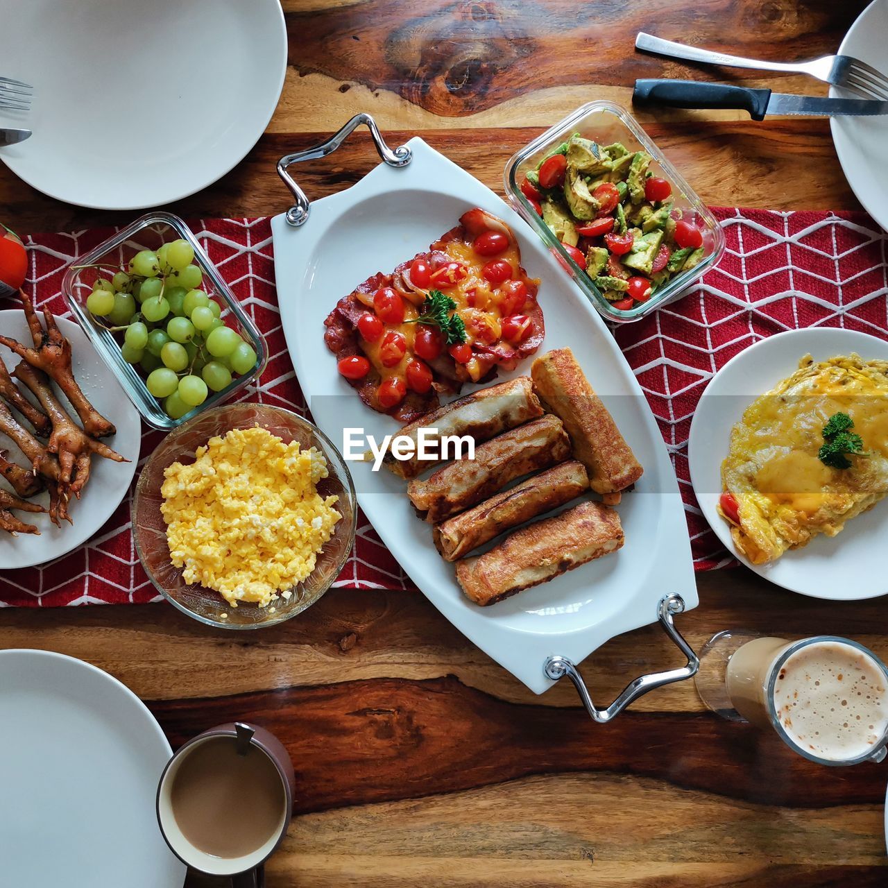 High angle view of breakfast served on table