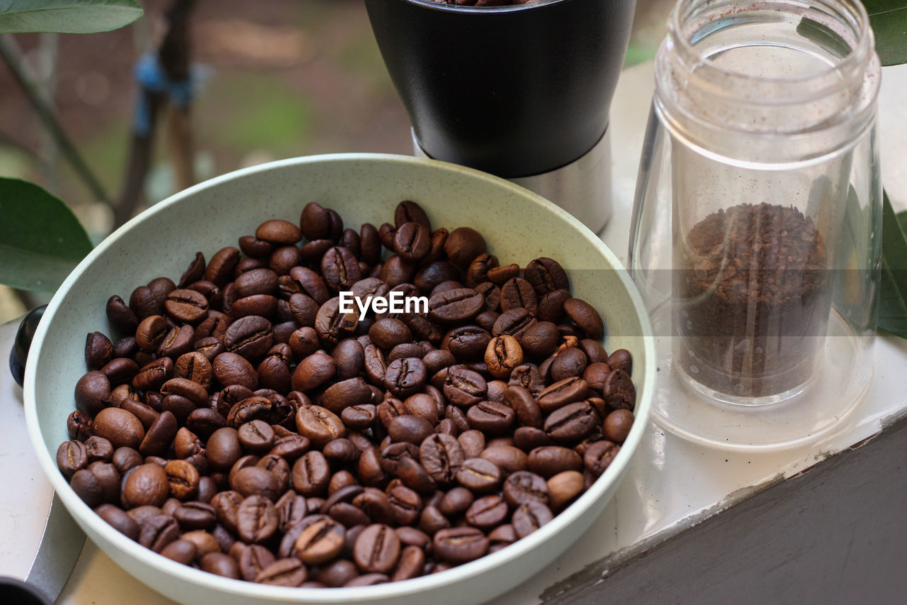 High angle view of coffee beans on table