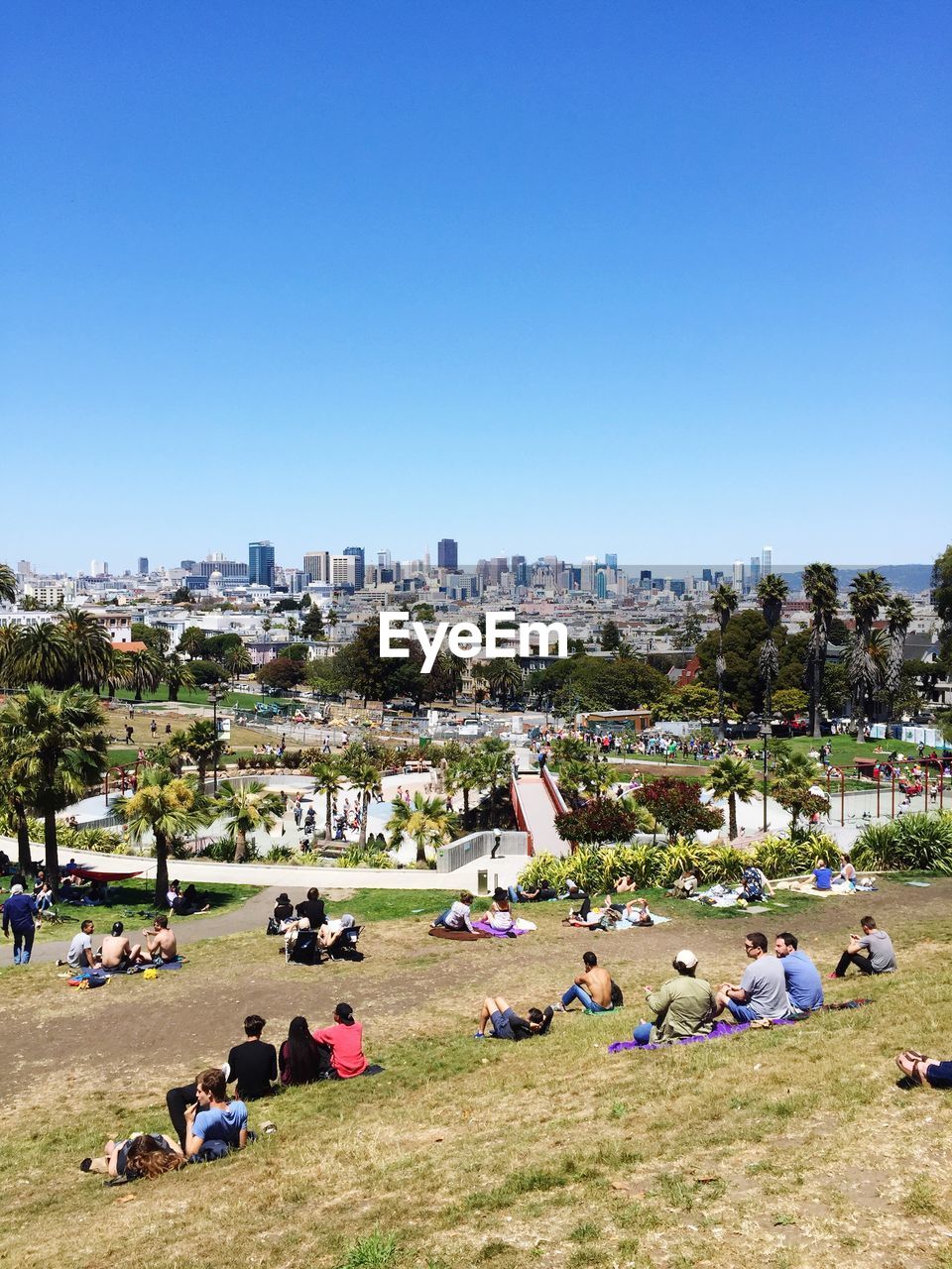 People on hill in sunny day