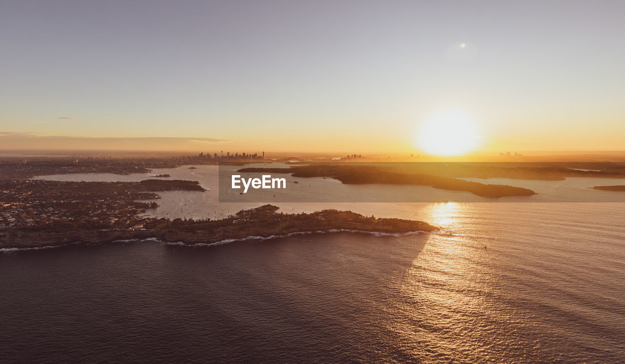 Drone view of sydney harbour with cbd in the background. south head and watsons bay in  foreground