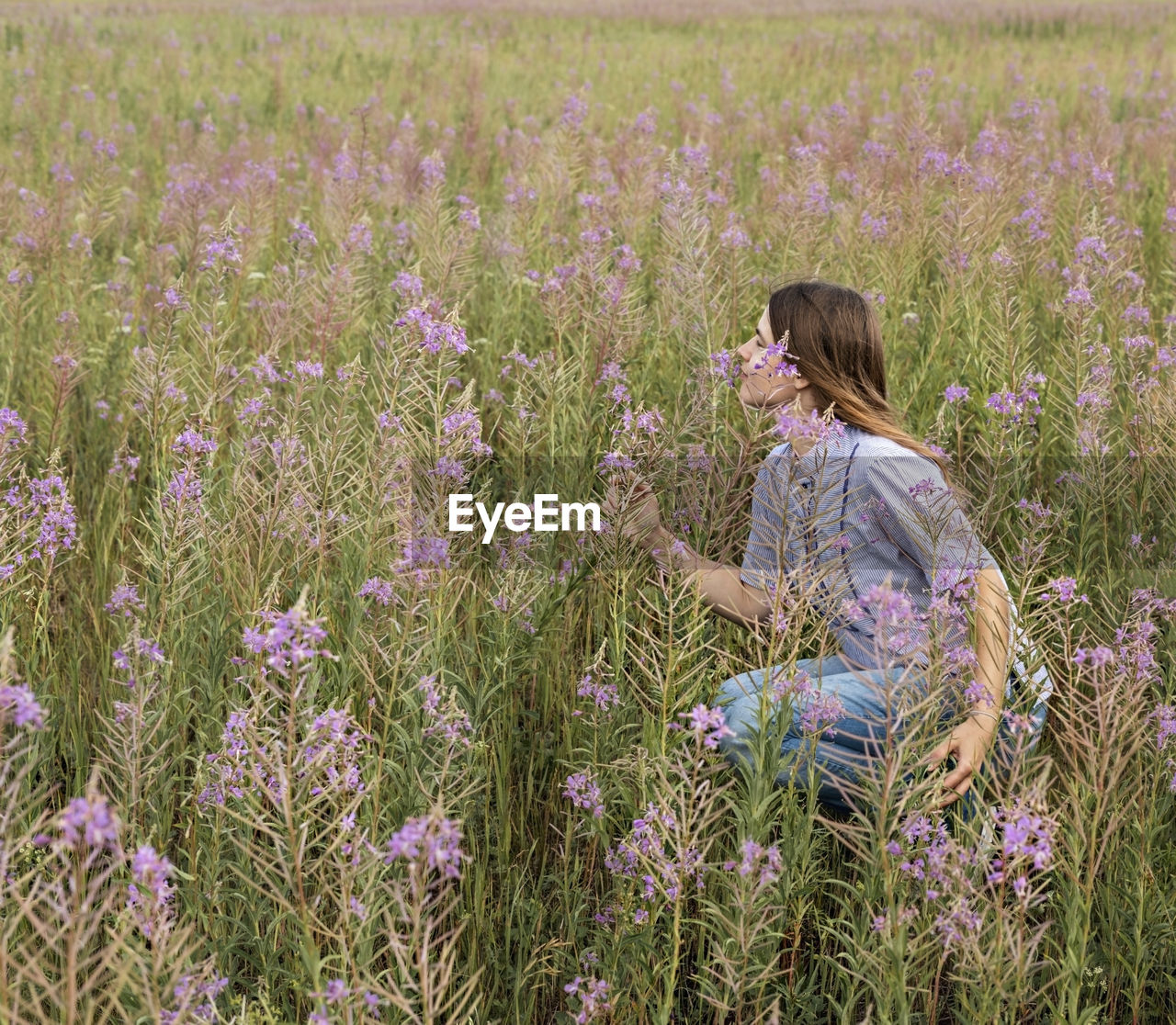 Beautiful blond young woman on field of fireweed flowers sniffing scent flower enjoing nature