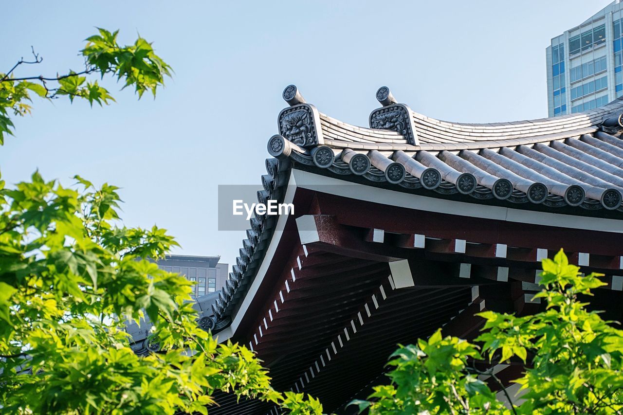 Low angle view of traditional roof against clear sky