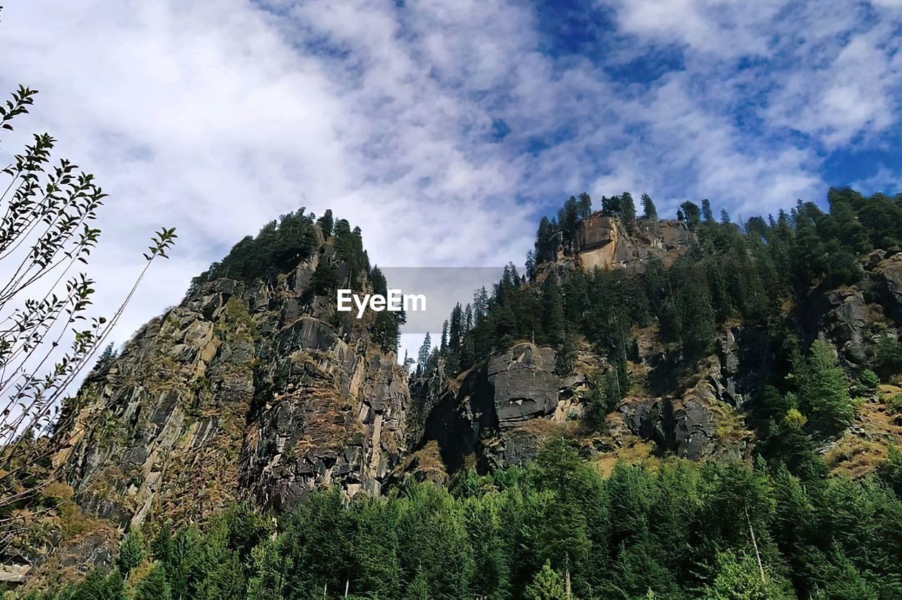 LOW ANGLE VIEW OF PANORAMIC SHOT OF TREES AND ROCKS AGAINST SKY