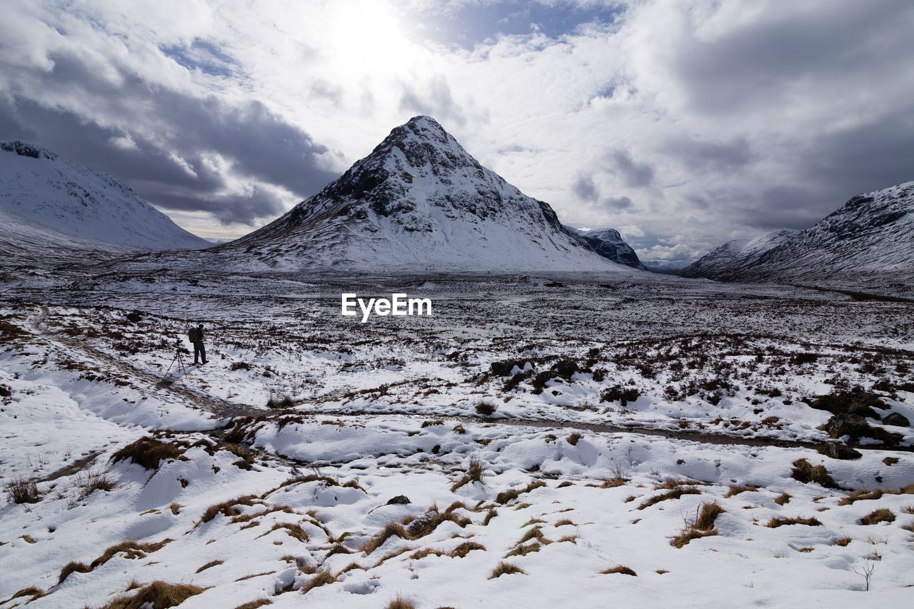 Scenic view of snow covered mountains against sky