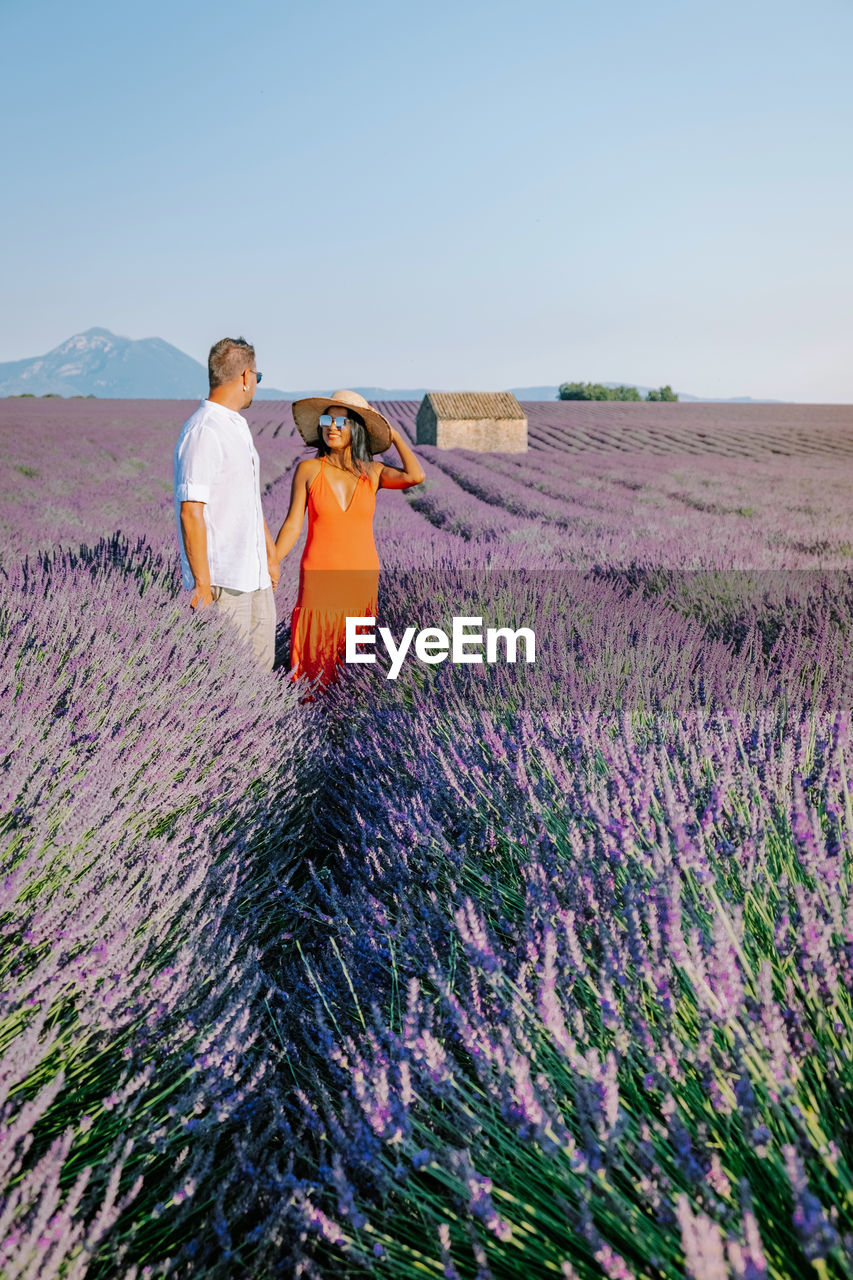 Couple holding hands standing at flowering field