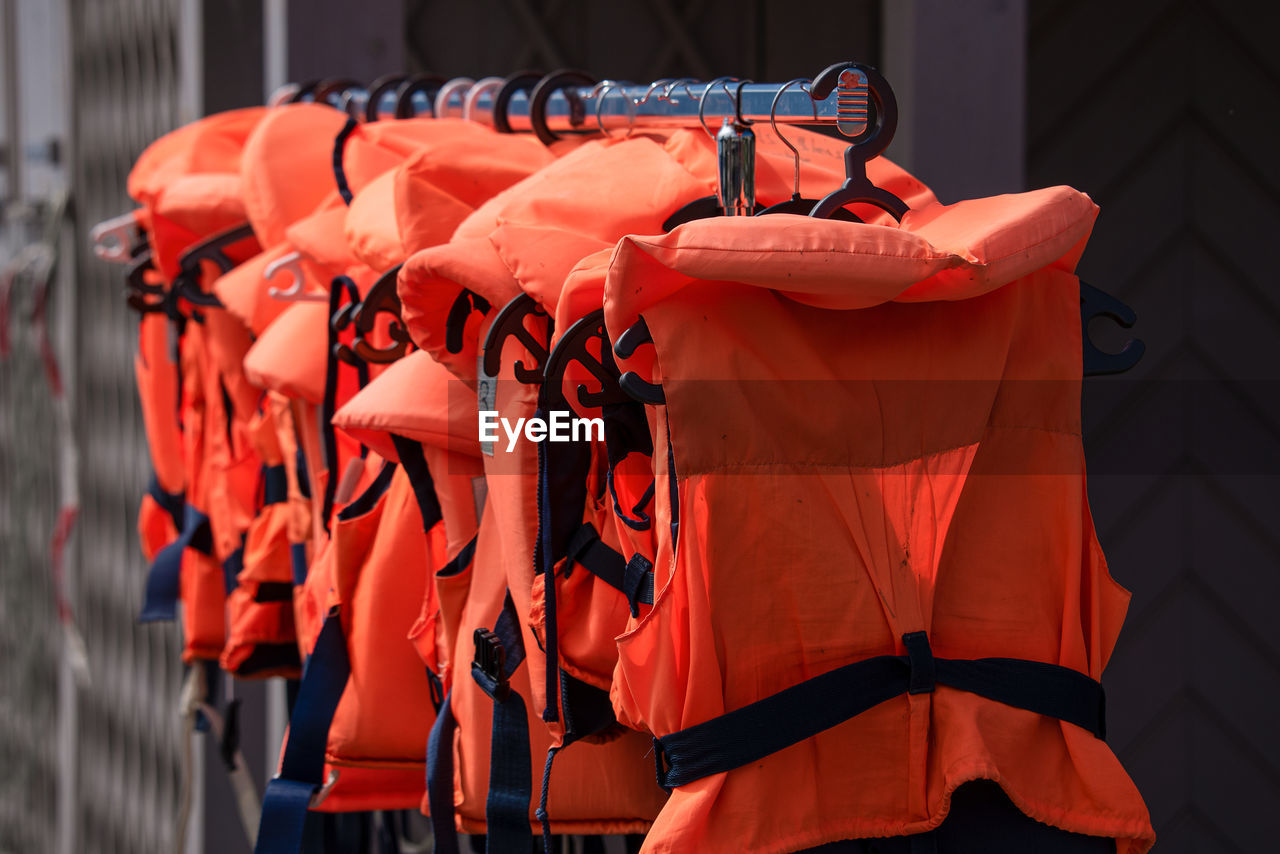 View of life jacket hanging outdoors