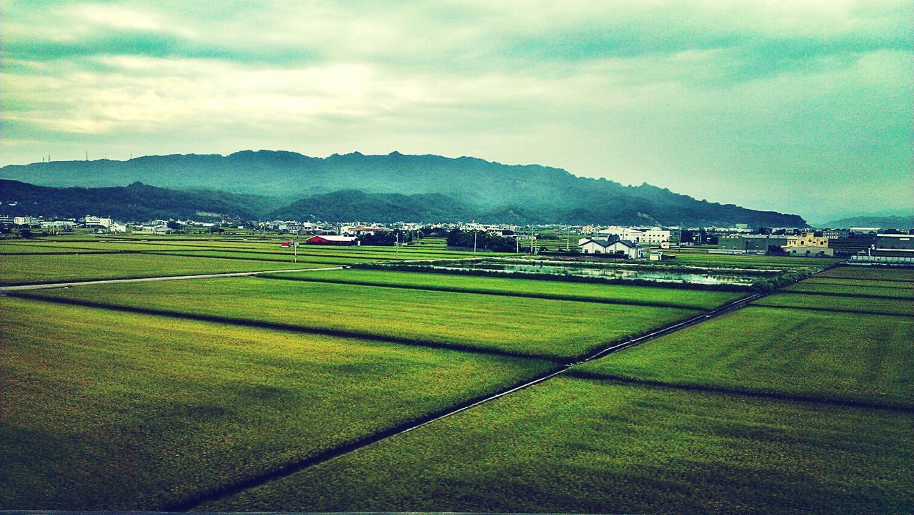 Green landscape against mountains