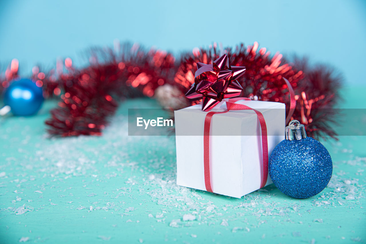 Close-up of christmas present on table