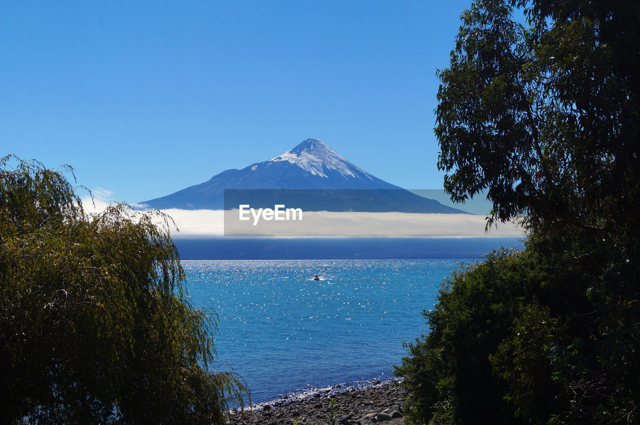 SCENIC VIEW OF SEA AND MOUNTAINS AGAINST BLUE SKY