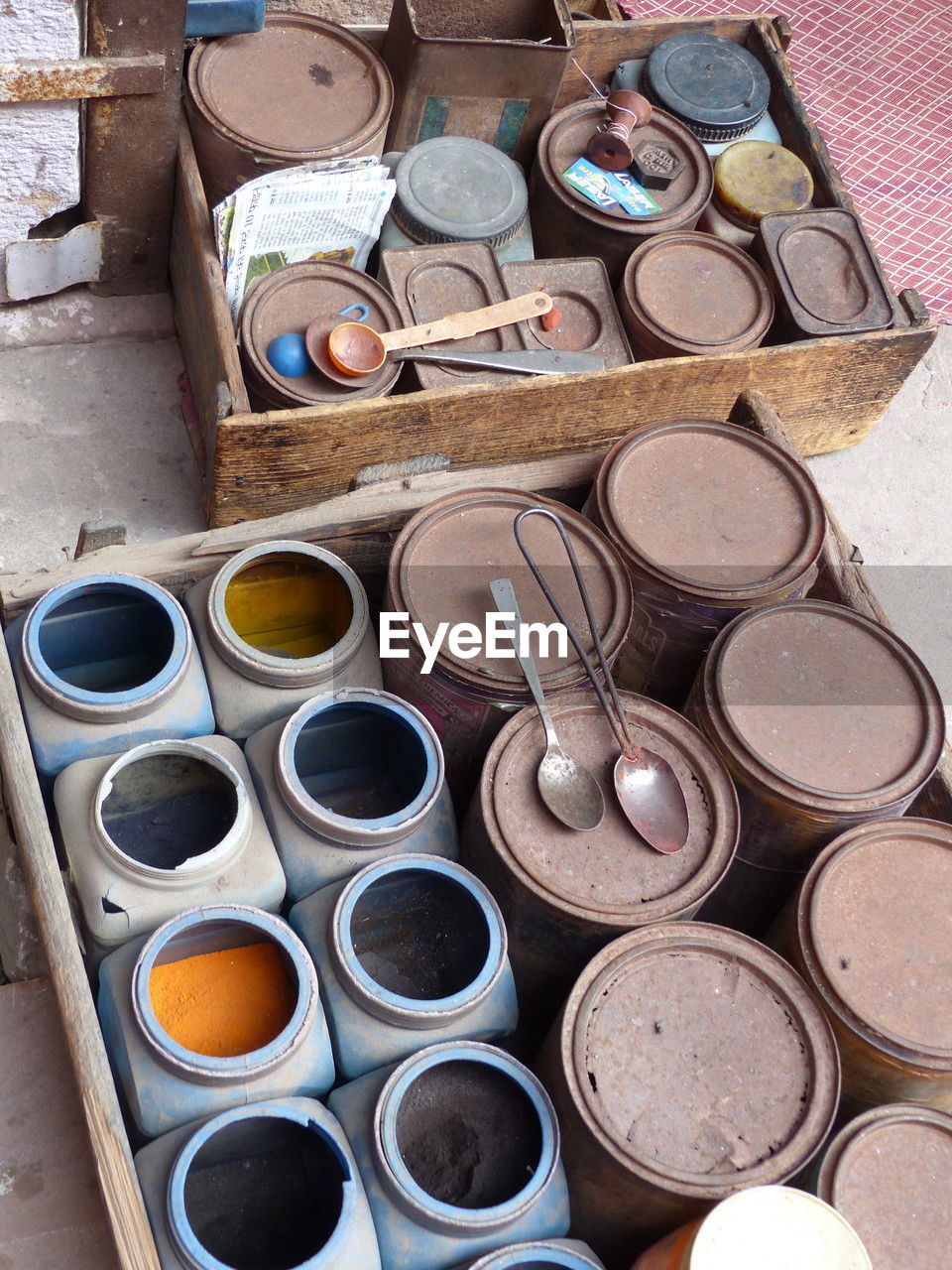 High angle view of coins art street inspiration pigment colorful container diy
