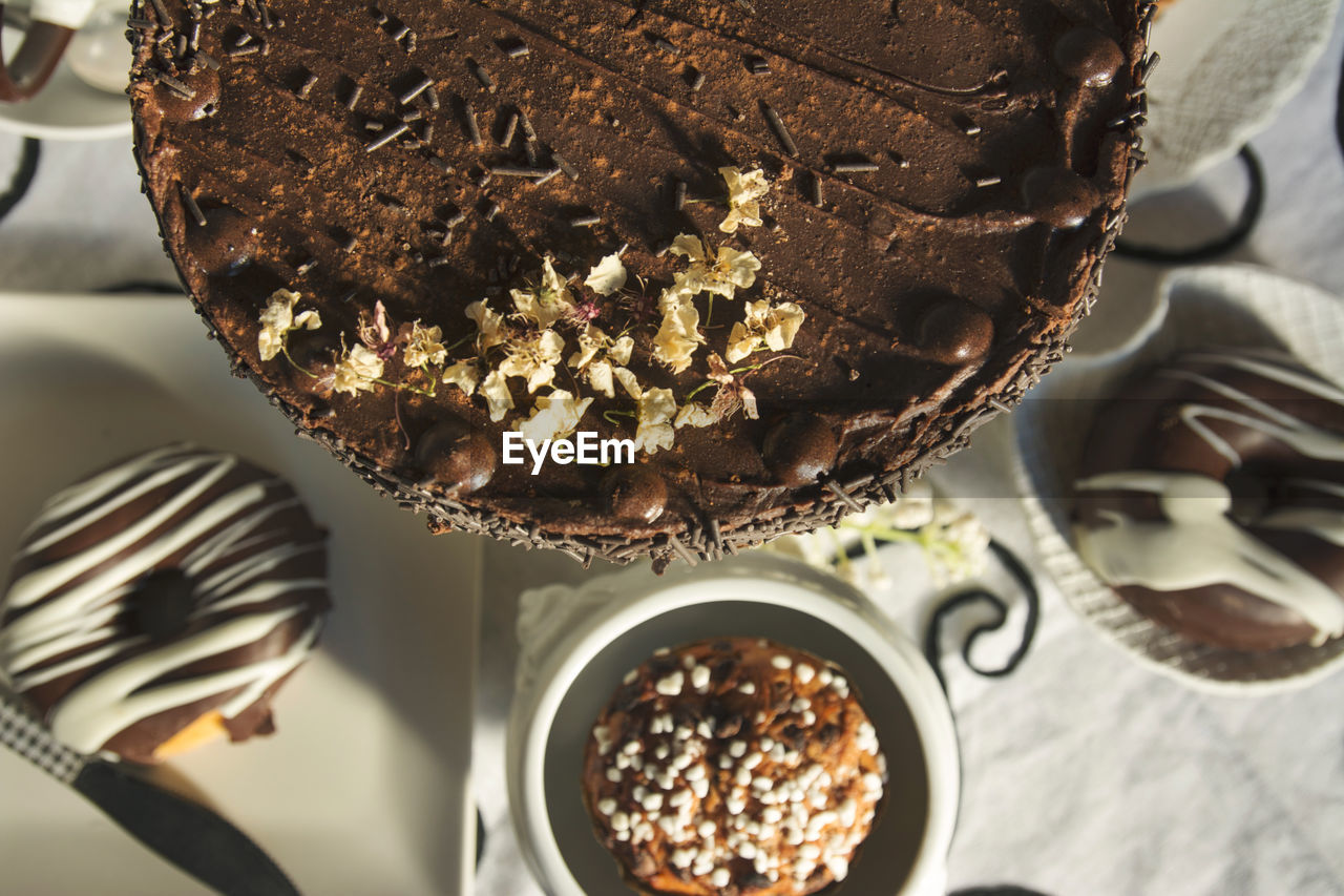 High angle view of chocolate cake on table