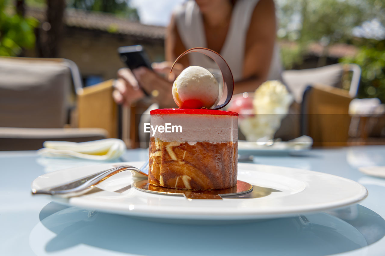 Close-up of dessert served in plate on table