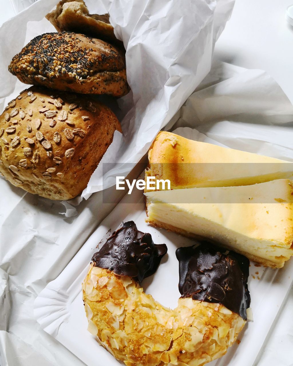 High angle view of breakfast served on paper plate