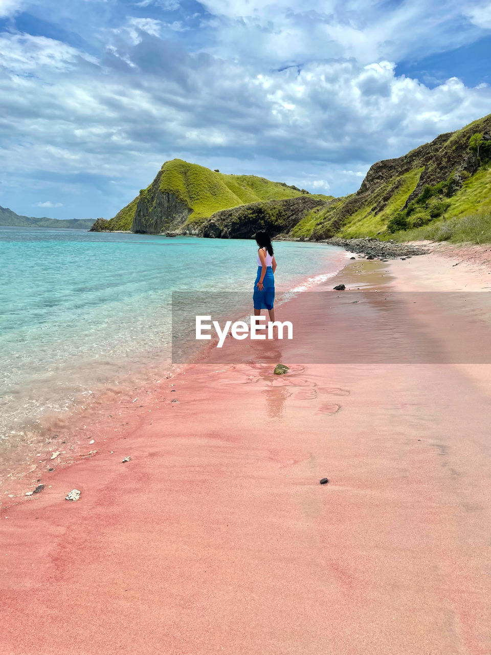 Rear view of woman walking at pink beach against sky