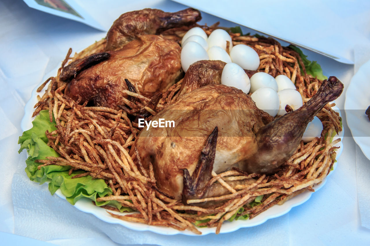 High angle view of meat in plate