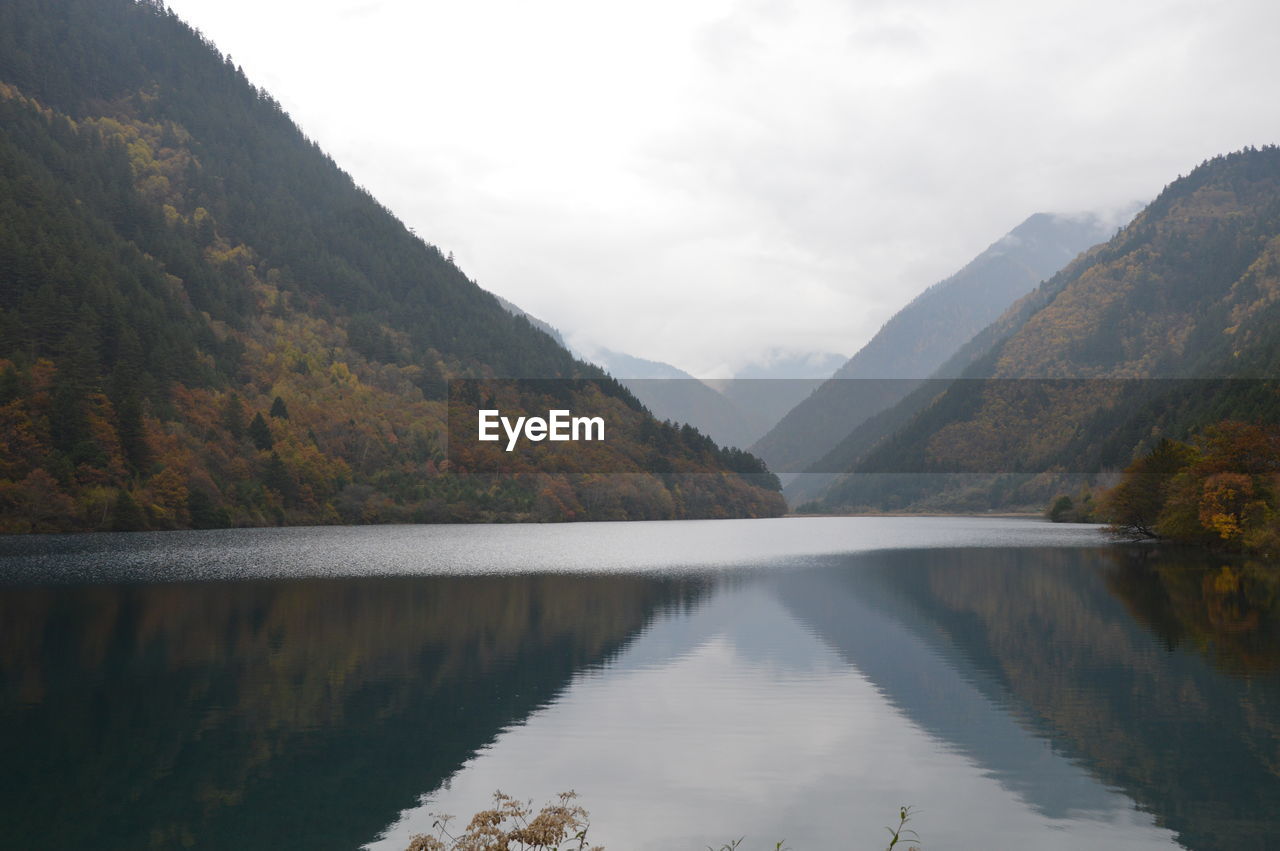 Scenic view of lake with mountains in background