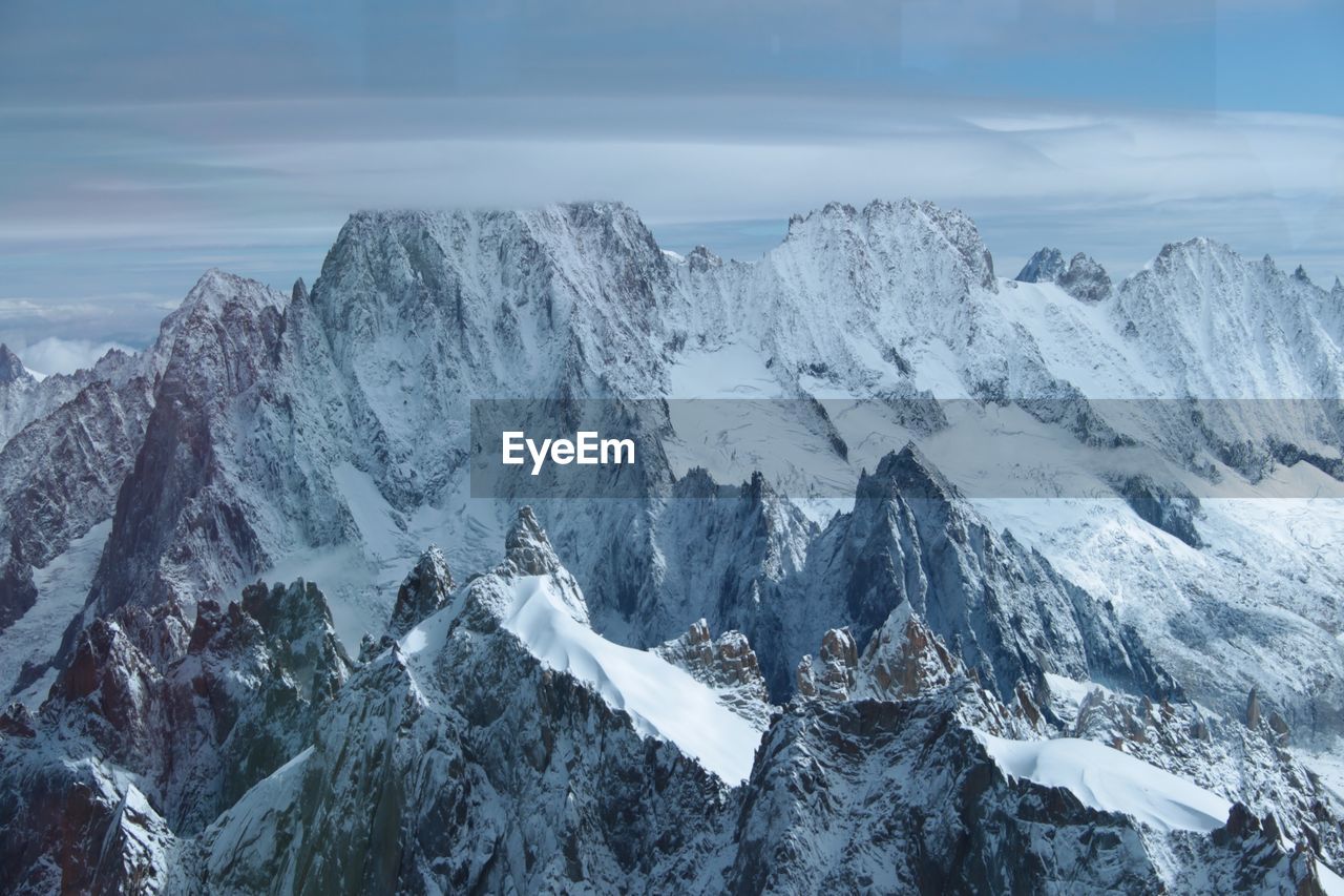 Panoramic view of snowcapped mountains against sky