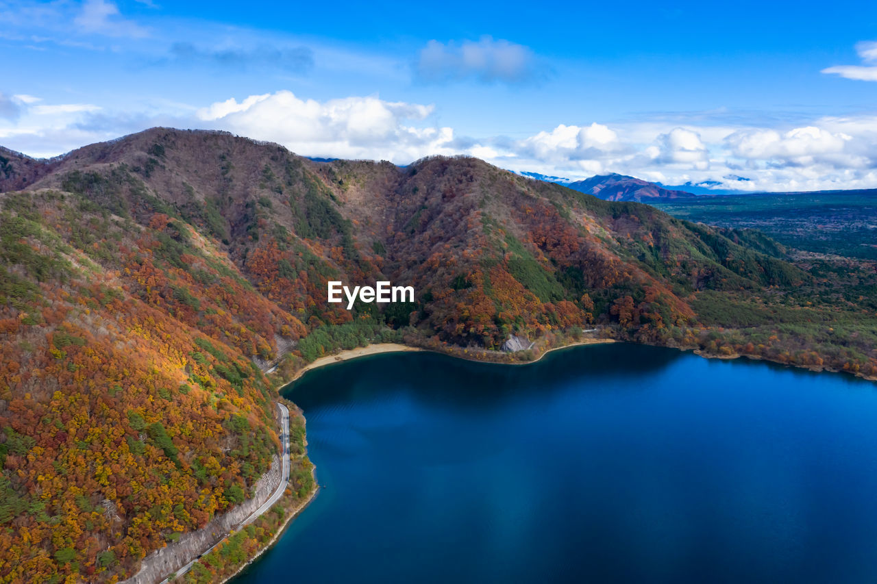 Nature landscape aerial view lake shojiko and mountain at autumn in japan