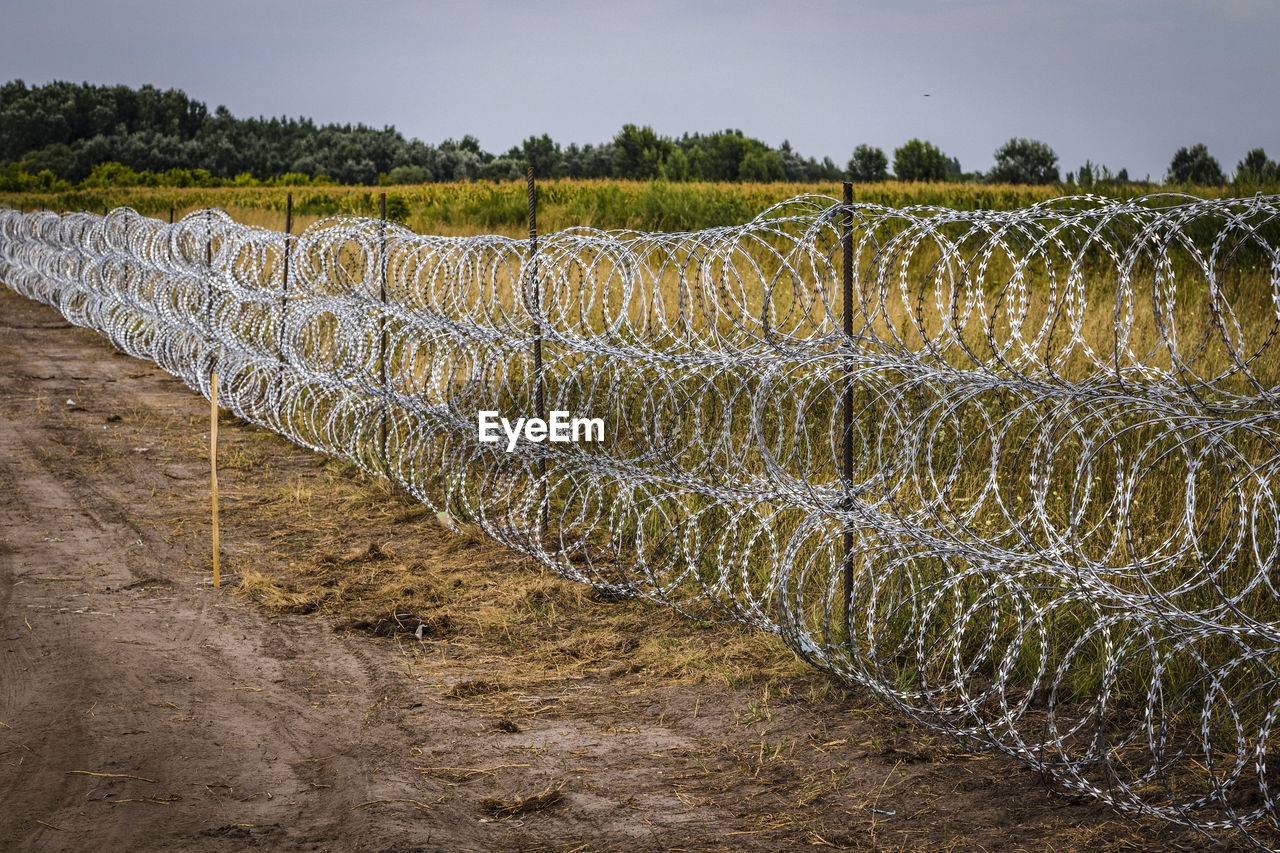 Razor wire fence by field