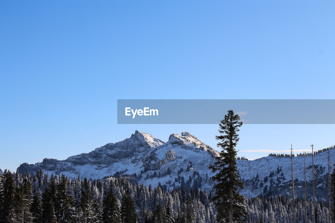 Scenic view of snowcapped mountains against clear blue sky