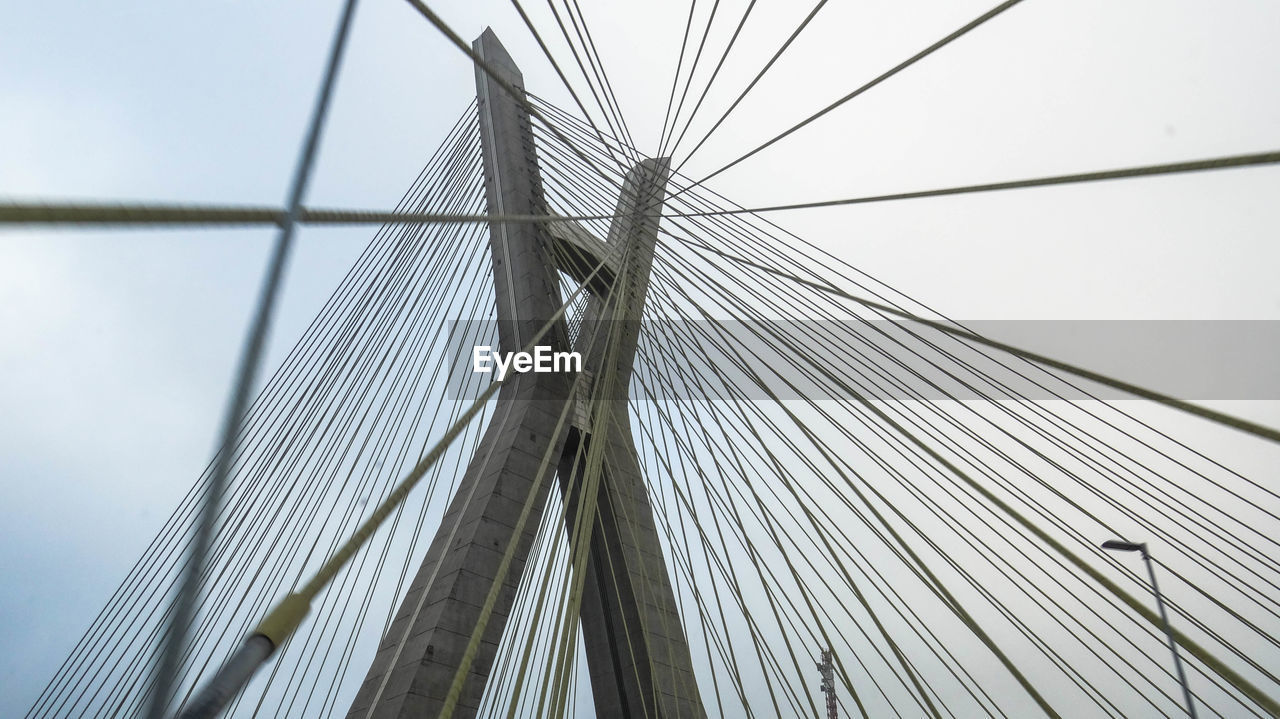 Low angle view of suspension bridge against clear sky