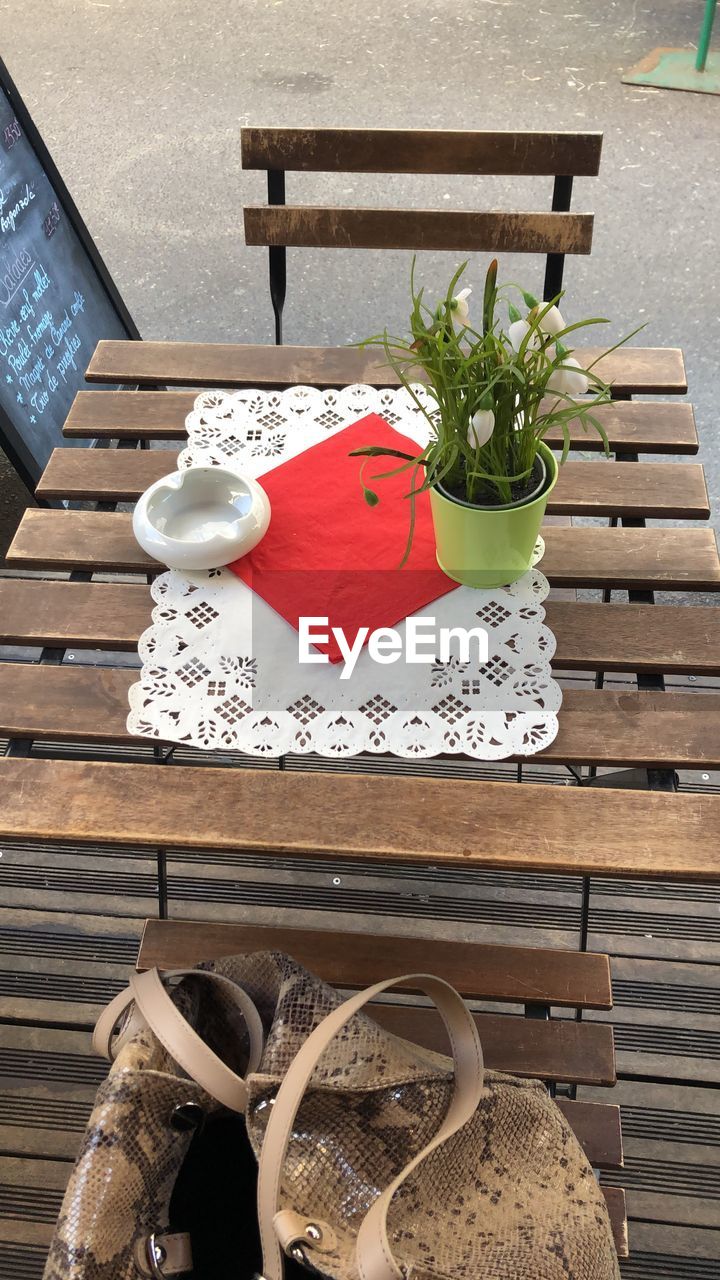 HIGH ANGLE VIEW OF POTTED PLANT ON TABLE AT SIDEWALK CAFE