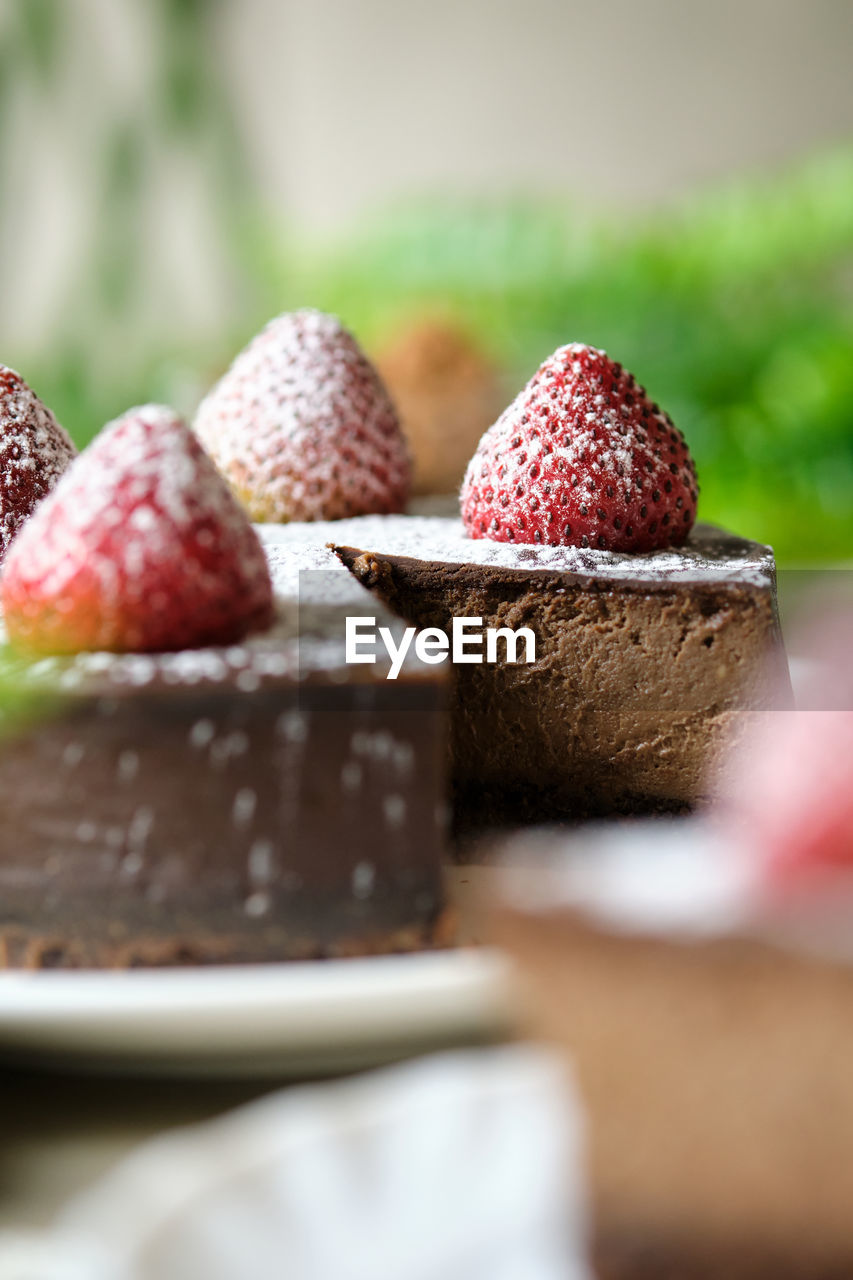 CLOSE-UP OF CHOCOLATE CAKE ON ICE CREAM