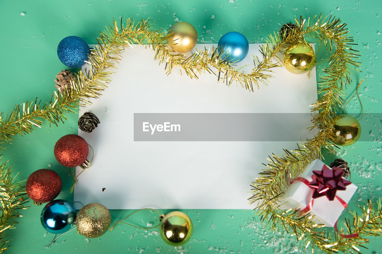 Close-up of christmas decorations on table