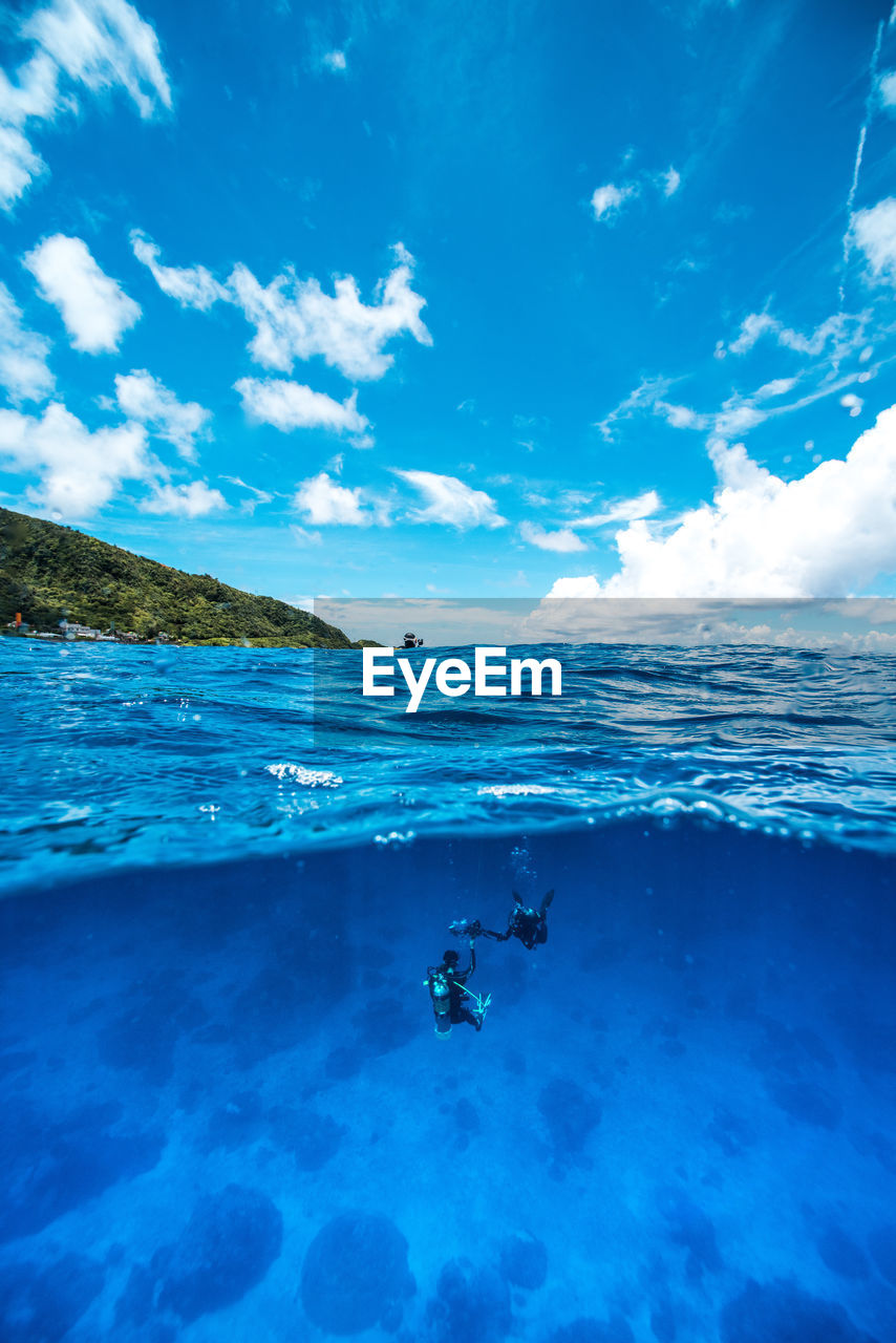 Scenic view of sea against blue sky