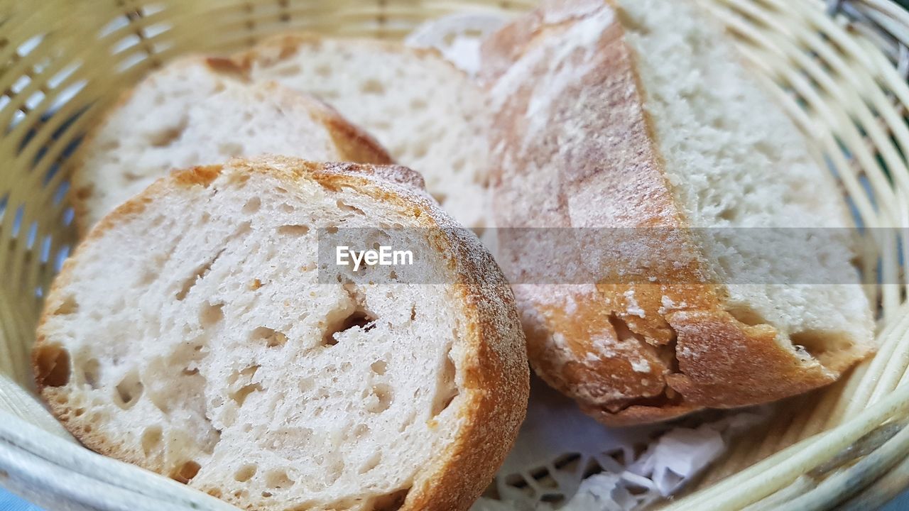 High angle view of bread in basket on table