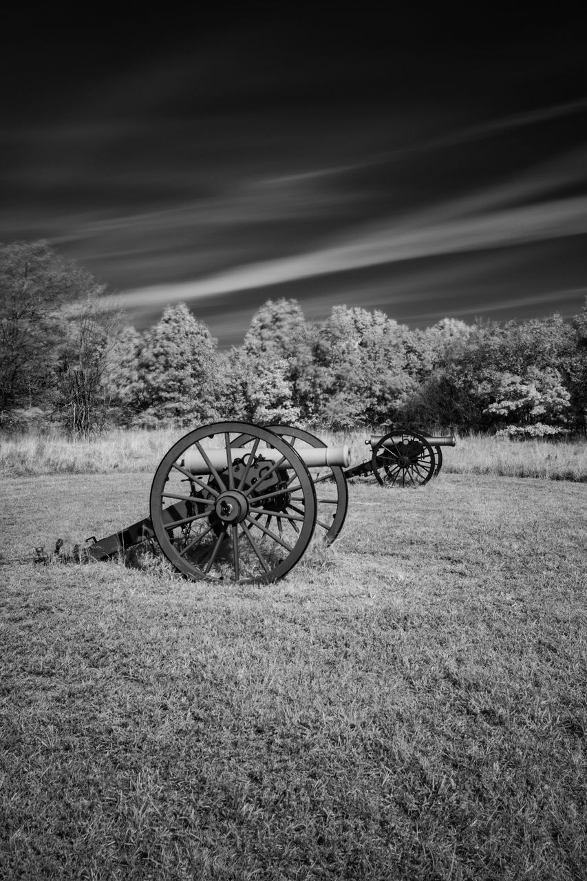 black and white, monochrome, transportation, black, monochrome photography, plant, nature, field, land, wheel, darkness, mode of transportation, no people, white, sky, land vehicle, grass, bicycle, day, outdoors, landscape, tranquility, abandoned, scenics - nature, environment, beauty in nature