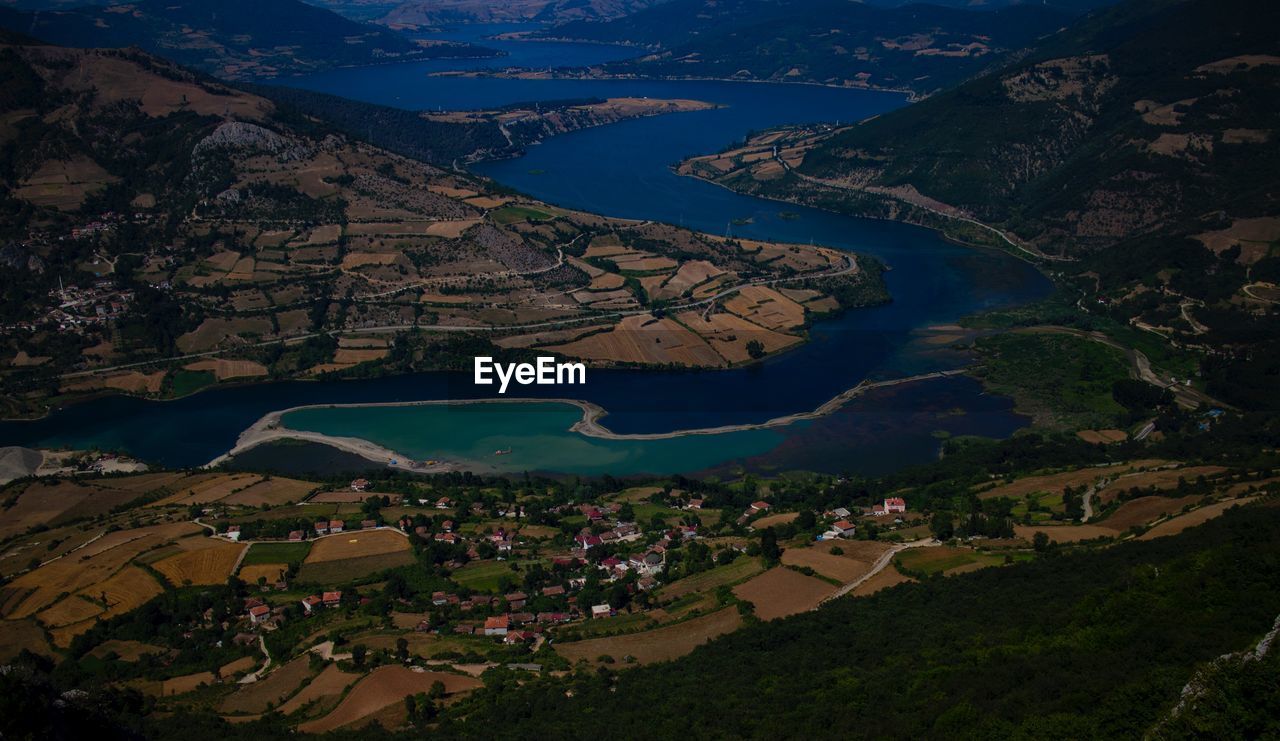 High angle view of lake and mountains