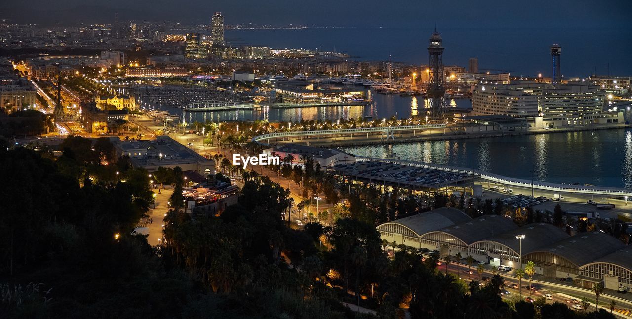 High angle view of illuminated city at night