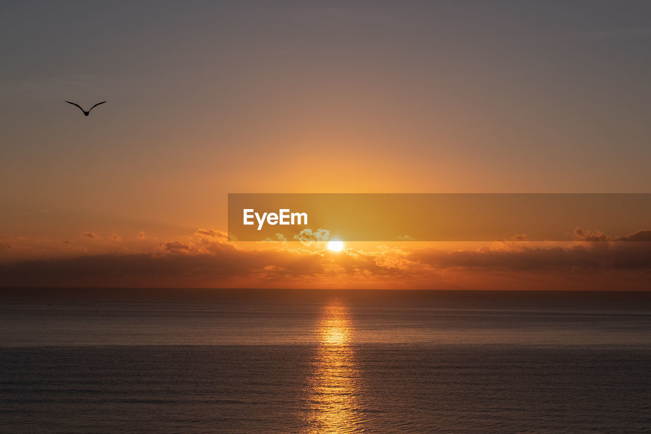 VIEW OF SEA AGAINST ORANGE SKY