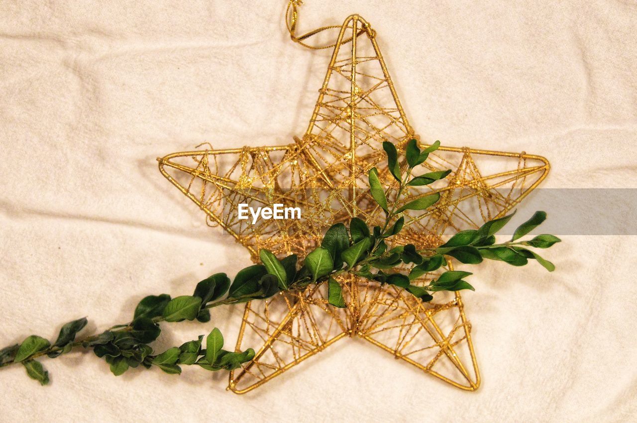 Directly above view of golden metallic star decor with leaves on white fabric