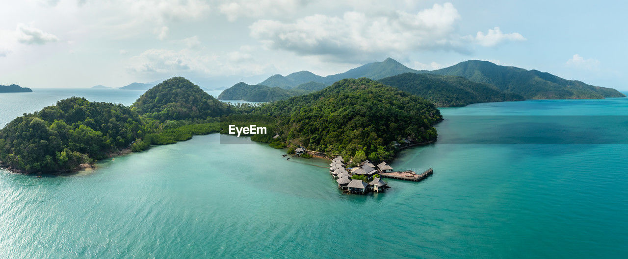 high angle view of boats in sea against sky