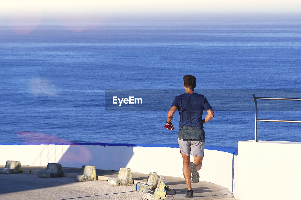 rear view of man standing on beach against sky