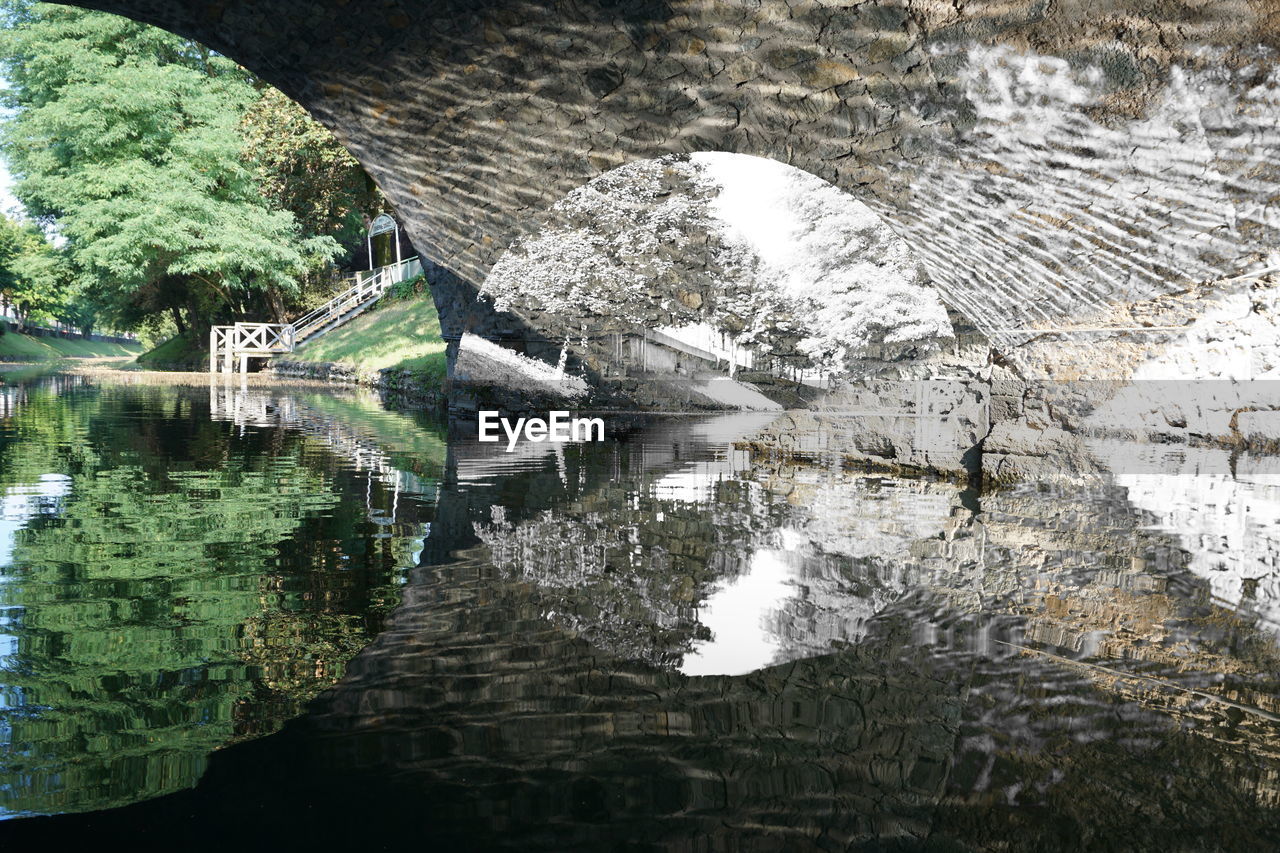 REFLECTION OF ARCH BRIDGE AND TREES ON LAKE
