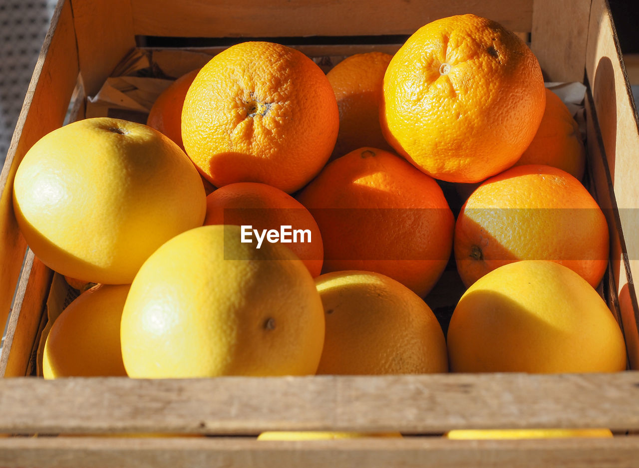 close-up of oranges in container