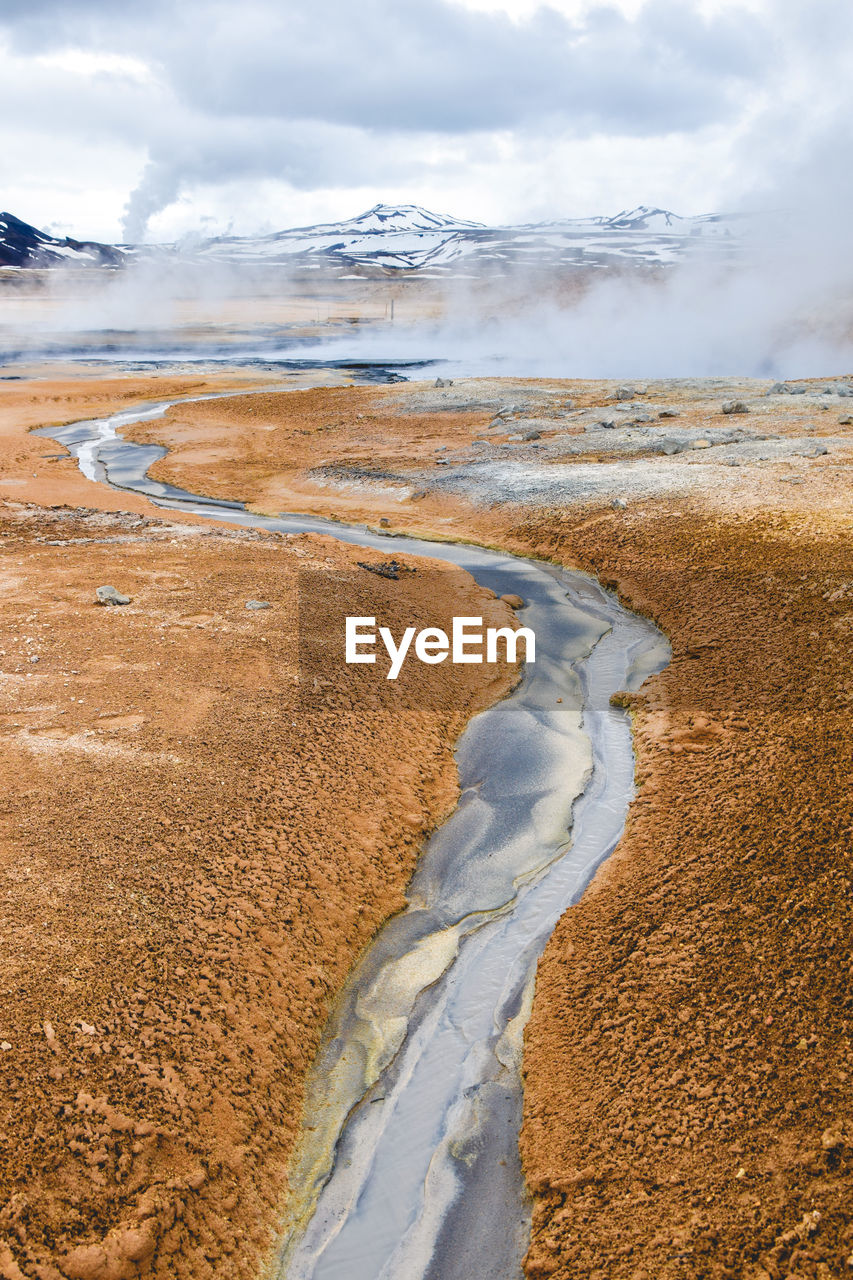 High angle view of hot springs on volcanic landscape