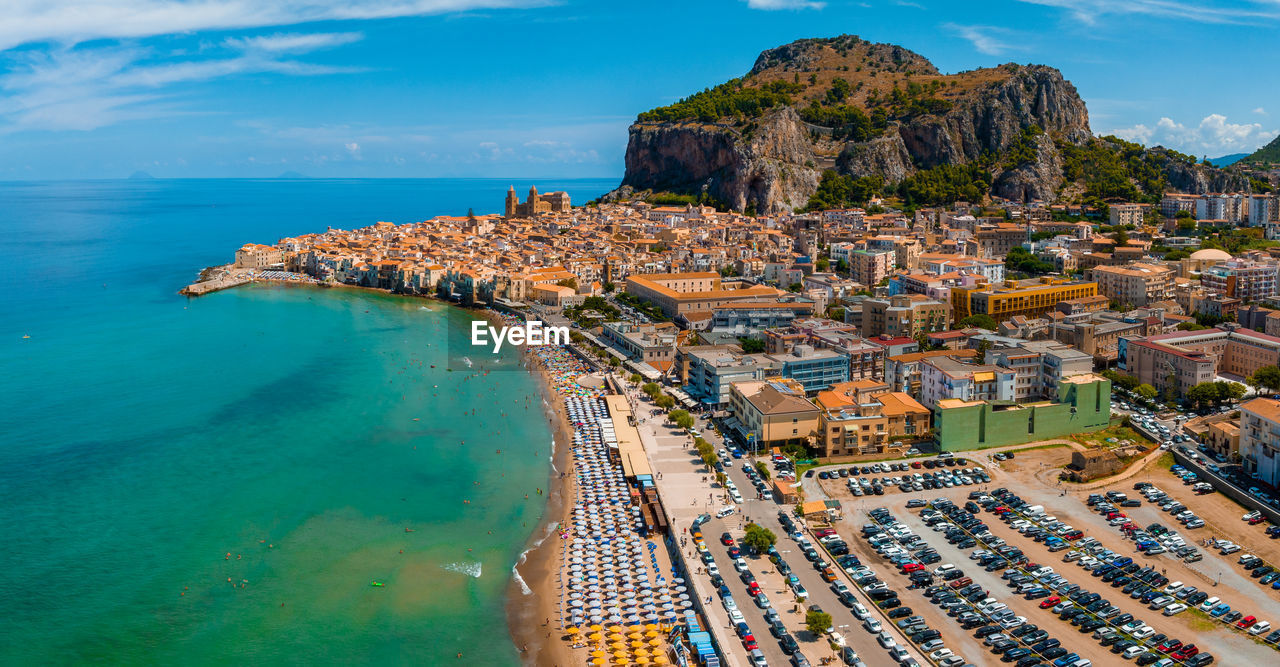 Aerial scenic view of the cefalu, medieval village of sicily island