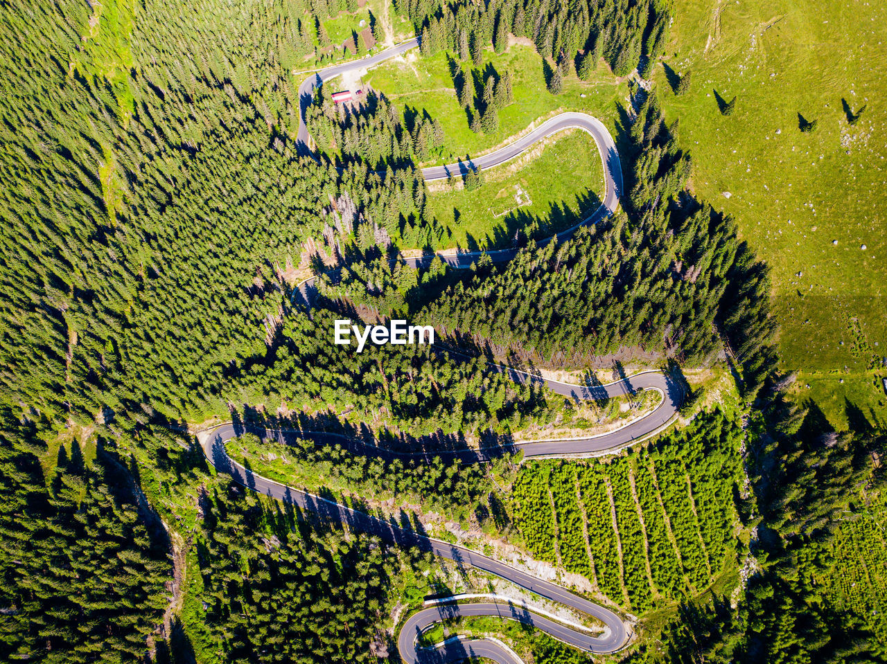 Winding road from high mountain pass, in summer time. aerial view by drone. romania