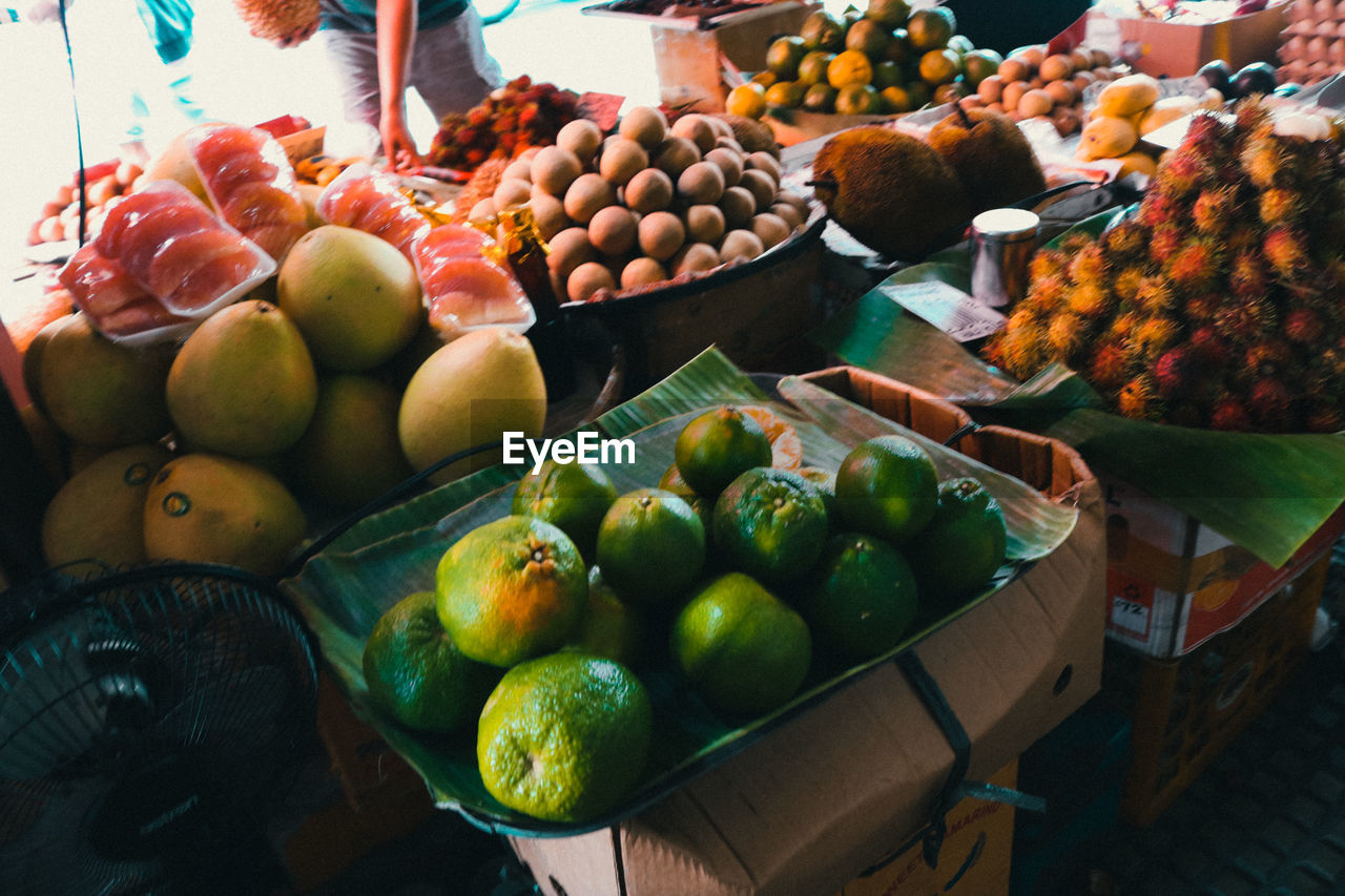 High angle view of fruits for sale at market stall