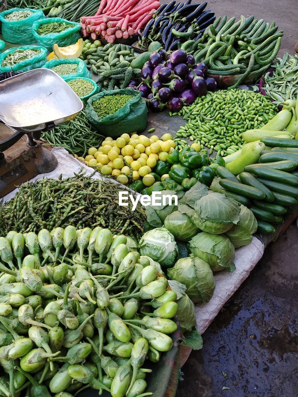 High angle view of vegetables for sale at market stall
